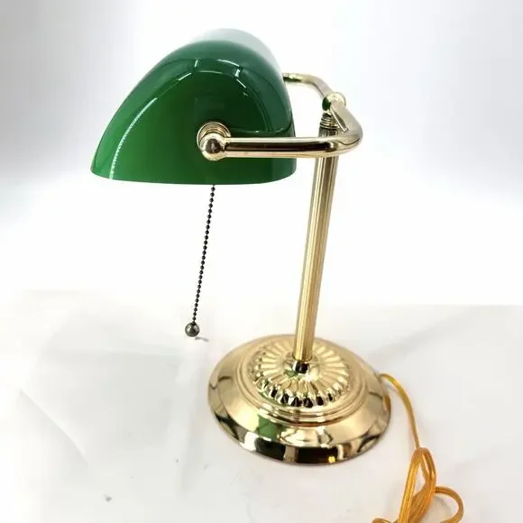 Vintage Banker's Desk Piano Lamp Green Glass Shade Pull Chain Gold Metal Base - Picture 5 of 13